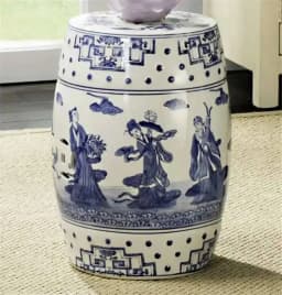 White Porcelain and Drawn Blue Shoe Hand Changing Stool Ceramic Drum Bathroom Neoclassical Imitation Sitting Stool Low Round