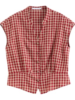 FSLE 2026 Summer Women's Linen V-Neck Cap Sleeve Blouse with Plaid Print and Waist-Defining Fit - Casual Style for Daily Wear