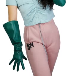 Unisex Black Real Leather Gloves Oversize Puff Sleeves Wide Elbow Long Genuine Goatskin Winter Warm Glove Evening Party Costume