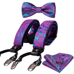 Burgundy Black White  Mens Suspender Adjustable 6 Clips Jacquard Braces Bowtie Hanky Cufflinks Set Silver Gold