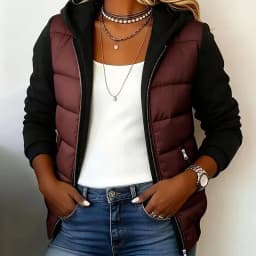 Women's Color Block Hooded Puffer Jacket -Quilted Zip Up Coat with Contrast Sweatshirt Sleeves, Casual Lightweight Winter Outer