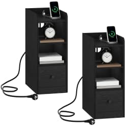 Bedside Table set of 2, with Charging Station, USB & Type C Connection, 3 Levels of Storage with 1 Drawer, Black