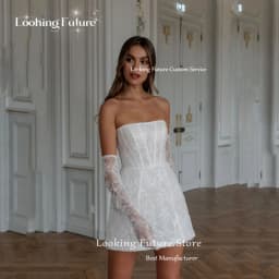Simple A-Line Mini White Wedding Dress Sexy Strapless Formal Pleat Shiny Sequined Sleeveless Vintage Backless Short Customized