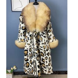 Leopard Print Real Rabbit Fur Coat for Women Long Thickened Warm One-Piece Autumn Winter Fashion with Fox Fur Collar