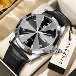 BINBOND Original Auto Date Week Display Men's Watch Reloj Hommes Leather Quartz Watches For Men Luxury Luminous Waterproof +Box