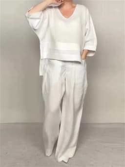 Lady Fashion Casual Loose Solid Suit Cotton Linen Set Three Quarter Sleeve Tops Wide Leg Pants Women Irregular 2 Piece Sets 2025