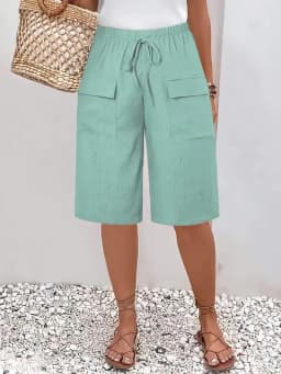 2026 New Summer Autumn Knee Length Drawstring Elastic High Waist Short Style Women's Pockets Casual Solid Color Shorts Pants