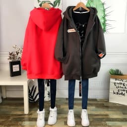 plus Size Fleece Lined Thickened Medium Length Open Cardigan Hooded Loose Maternity Sweatshirt Jacket Women's Korean Style Co...