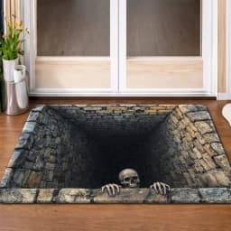 VIKAMA Halloween Trick Skeleton Stone Pit 3D Optical Illusion Flat Entry Mat Non Slip Absorbent Rug Party Bedroom Holiday Decor