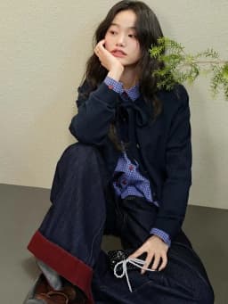 Dark Blue Knitted Sweater with Bow Design Open Cardigan Short Outerwear for Women Early Autumn Winter New Style Korean Version