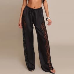 Casual Lace Satin Patchwork Pants Women See Through High Waist Lace Up Straight Trousers 2026 Spring Lady Solid Chic Trouser