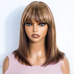 Sleek Short Bob Human Hair Wigs With Bangs Highlight Ombre Colored Brazilian Hair Wigs For Women Cosplay Pixie Cut Woman Wig