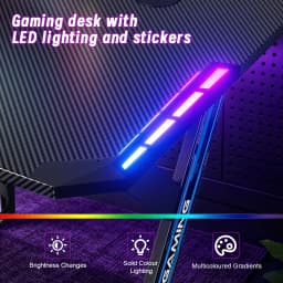 Gaming Desk with RGB LED Lights, Carbon Fiber Surface Gaming Table, Y‑Shaped Game Computer Desk with Cup Holder & Headphone Hook, Adjustable Leveling Feet for Home Office Gaming Room
