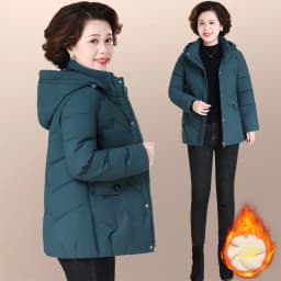 Warm Fleece Lined Cotton Jacket for Middle-Aged And Elderly Women Casual Style Winter Coat with Hood Zipper Closure And Pockets