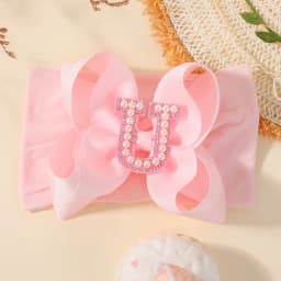 26 Letters Pink Big Bows Pearl Headbands for Baby Girls 5.98'' Wide Nylon Knotted Soft Elastic Hair Bands Wraps Headwear 1PCS