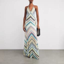 Bohemian Multicolor Chevron Halter Maxi Dress Retro Deep V Neck Criss Cross Backless Sleeveless Pleated Draped Dresses Holiday
