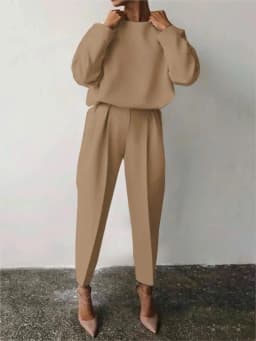 Autumn And Winter Elegant Womens Solid Color Sets Casual O Neck Pullover Tops And Long PantsLadies Fashion Loose Outfits