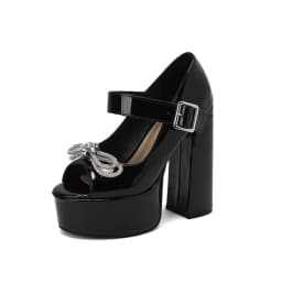 Summer 2023 New Water Platform Super High Heel Peep Toe Sandals Round Toe Lacquer Leather Diamond Bowknot Pumps