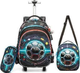Bunnyfly Boys Rolling Backpack with Lunch Bag And Pencil Case - Wheeled Travel Trolley School Bag Stylish And Functional for Tra
