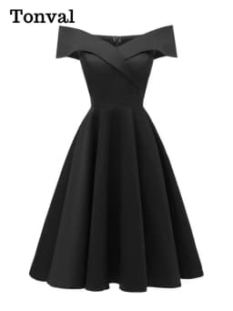 Tonval Vintage Off the Shoulder Party Sexy Evening Birthday Dresses Prom Elegant Women Fit and Flare Cotton Dress