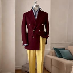 Timeless Men's Navy Blue Double Breasted Suit Summer Breathable Casual 2Piece Set Jacket+Yellow Linen Pants Wedding Groom Attir