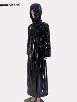 Mauroicardi Spring Autumn Cool Extra Long Shiny Reflective Waterproof Thin Black Soft Patent Faux Leather Coat Women with Hood