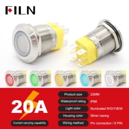 High Current 19mm 22mm 20A 12V 24V 110V 220V IP68 Waterproof Flat Ring Round Push Button Switch Metal Stainless Steel 20cm Wire