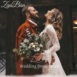 ZanBan Customized Long Sleeves Floral Lace V Neck Boho Wedding Dress Deep V Neck Open Back Modest Rustic Civil Bridal Gown 2025