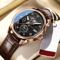 Luxury Man Watch Waterproof Chronograph Moon Phase Pattern Luminous Quartz Wristwatch Leather Strap Men Casual Clock