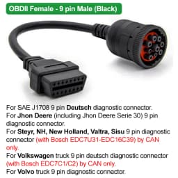 J1939 OBD Cable 9pin to 16pin Heavy Duty Truck OBD2 Diagnosctic Adapter Cable for Cummins 0.3M J1939 OBDII Converter Connector