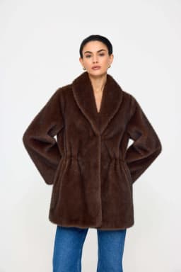 Laur 2026 Shawl Collar Faux Fur Coat Drawstring Waist Mid Length Warm Winter Ladies Plush Fluffy Outerwear