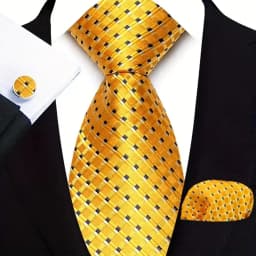 3Pcs Men's Yellow Color Stripes Plaid Solid Ties Pocket Square Cufflinks Wedding Prom Accessories 8cm Cravat Gift for Men