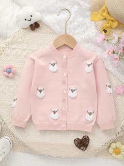 Baby Girl Sheep-Patterned Long-Sleeved Single-Breasted Casual Woolen Cardigan, Cute Little Sheep Embroidery, Soft and Comfortable Fabric