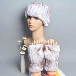 One Set Women Real Rex Rabbit Fur Cuff+Headband Winter Warmer Hat Arm Wrist Sleeve Gloves Female Real Fur Cap+Elastic Wristband