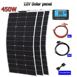 150W-600W Semi-Flexible Monolithic Monocrystalline Solar Panel Kit, 19.8V PV Module, 12V/24V/36V Off-Grid Battery Charger for RV