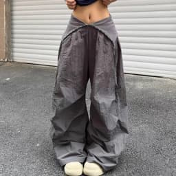 Vintage Patchwork Wide Leg Pants for Women Y2K Lapel Low Waist Streetwear Dance Pants American Hip Pop Loose Parachute Trousers