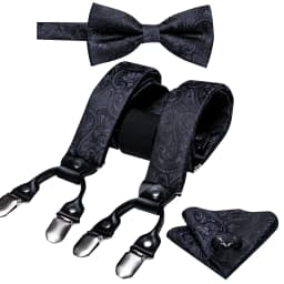 Burgundy Black White  Mens Suspender Adjustable 6 Clips Jacquard Braces Bowtie Hanky Cufflinks Set Silver Gold