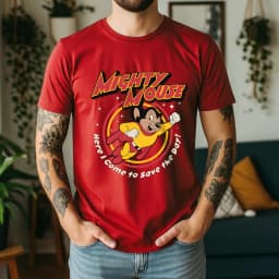 2026 Summer Mens Mighty Mouse Graphic Oversize Tee 100% Cotton Classic Cartoon Short Sleeve
