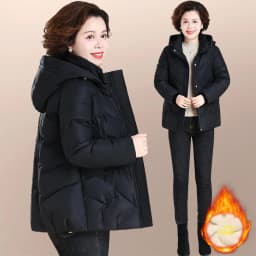 Warm Fleece Lined Cotton Jacket for Middle-Aged And Elderly Women Casual Style Winter Coat with Hood Zipper Closure And Pockets