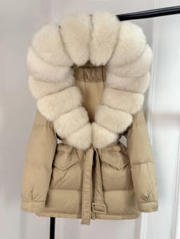 Lagabogy 2025 Thick Warm Mid-Long Puffer Coat Real Fox Fur Collar White Duck Down Coat Female Loose Warm Hooded Parkas With Belt