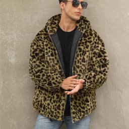 Autumn and Winter Warm Plush Leopard Print Jacket Imitation Fur Zipper Hooded Jacket for Men