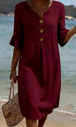 V-neck Button Solid Color Casual New Beach Vacation Style Versatile Dress For Women's A-line Lace Short Sleeved Patchwork Skirt