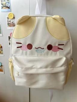 Women's Lovely Waterproof Nylon Backpack with Cartoon Cat Eat Fish Design Schoolbag for Girls with Stitch Detail Book Bag