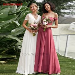 Customized Simple Elegant Chiffon Lace Wedding Dress for Women Short Sleeve V-neck Princess Party Bridal Gown Vestidos De Novia