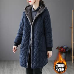 Women's Fleece Lined Thickened Long Cotton Jacket Loose Striped Hooded Coat Korean Style Winter Outerwear Casual Coat