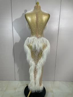 2026 New Sparkly Pearl Tassel Mesh See Through Long Dress Women Sexy Luxury Birthday Prom Party Nightclub Singer Stage Costume