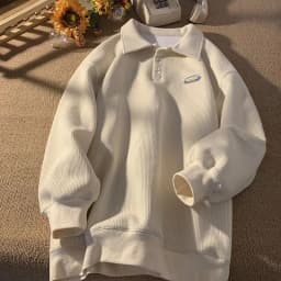 OUDIFU Fall and Winter Polo Collar Sweatshirt Genderless Japanese-Sle Retro Ins Tide Tops Easiest for Match Loose Velvet Th...
