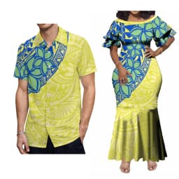Support Custom Women'S Crew-Neck Dress Midi Party Fishtail Long Dress Polynesian Samoan Couple Suit Matching Men'S Aloha Shirt