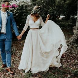 Two Pieces Boho Wedding Dress 3/4 Long Sleeves A-Line White Ivory Lace Princess Beach Bride Wedding Gowns