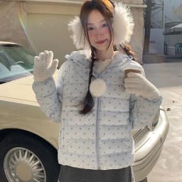 Korean Cropped Polka Dot Hooded Cotton-padded Jacket Women Zip Up Casual Winter Warm Outerwear Woman Sweet Cute Puffer Jackets